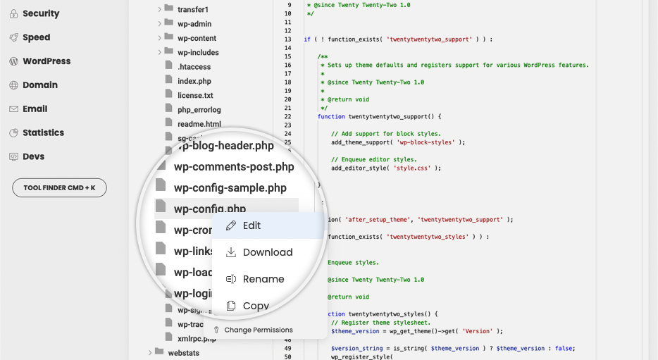 Screenshot showing how to find and edit the wp-config.php file from the Site Tools