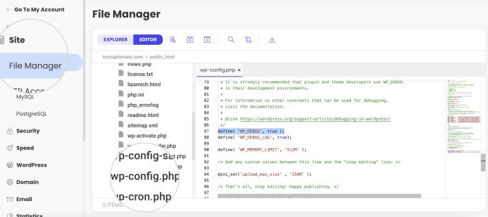 Screenshot of the Enable Debug mode definition in wp-config.php