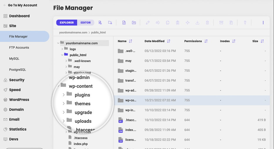 Screenshot showing how to find the wp-content folder from the File Manager