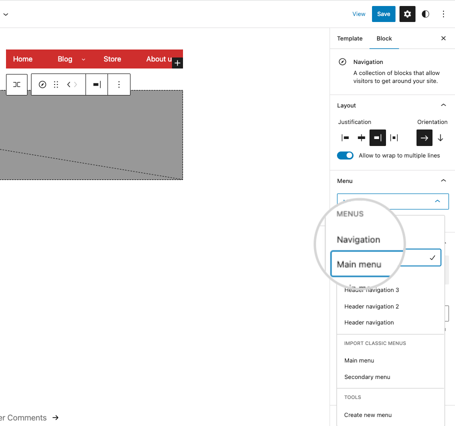 How to add an existing menu to a navigation block in FSE