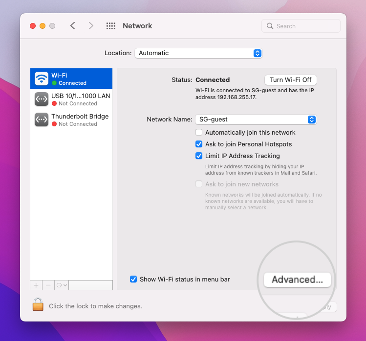 Enter the Advanced network settings on macOS