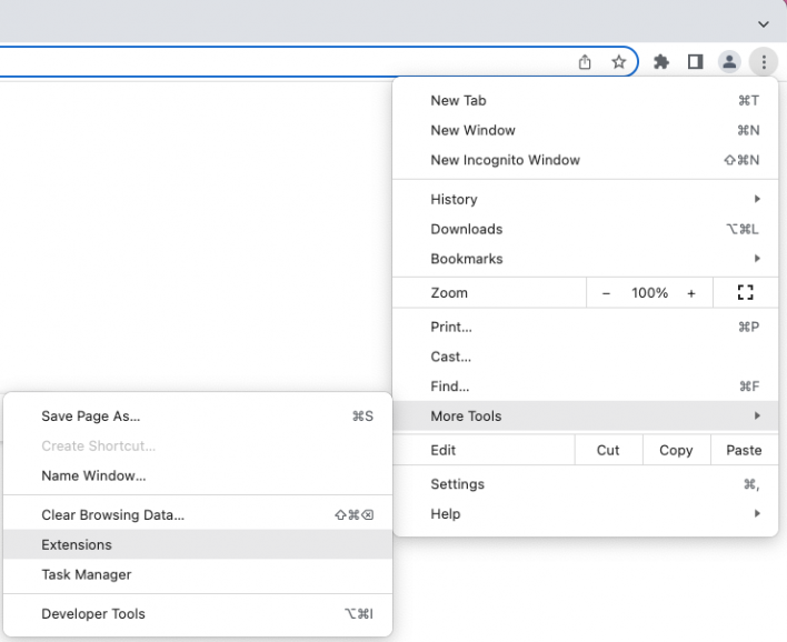 Browser extensions - Settings and Extensions menu in Chrome