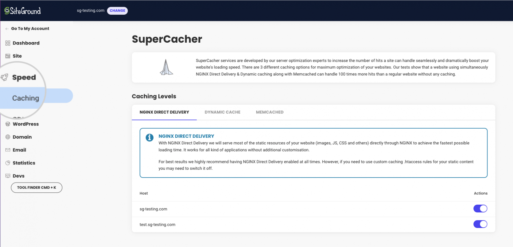 Caching section in Site Tools