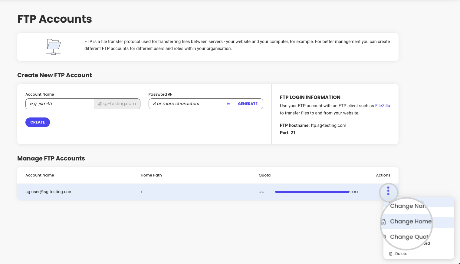 How to change the home folder of an FTP account