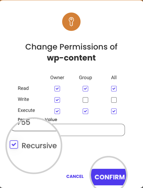 Change permissions pop up