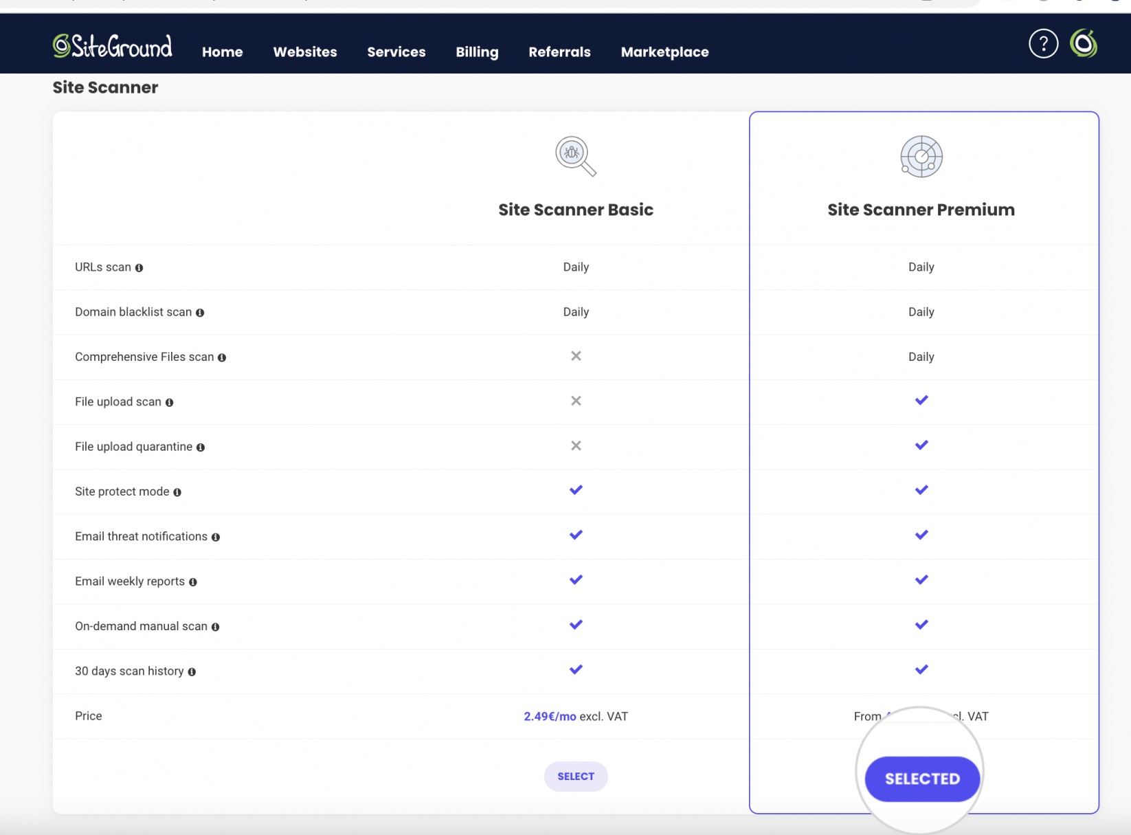 Choose the Site Scanner plan