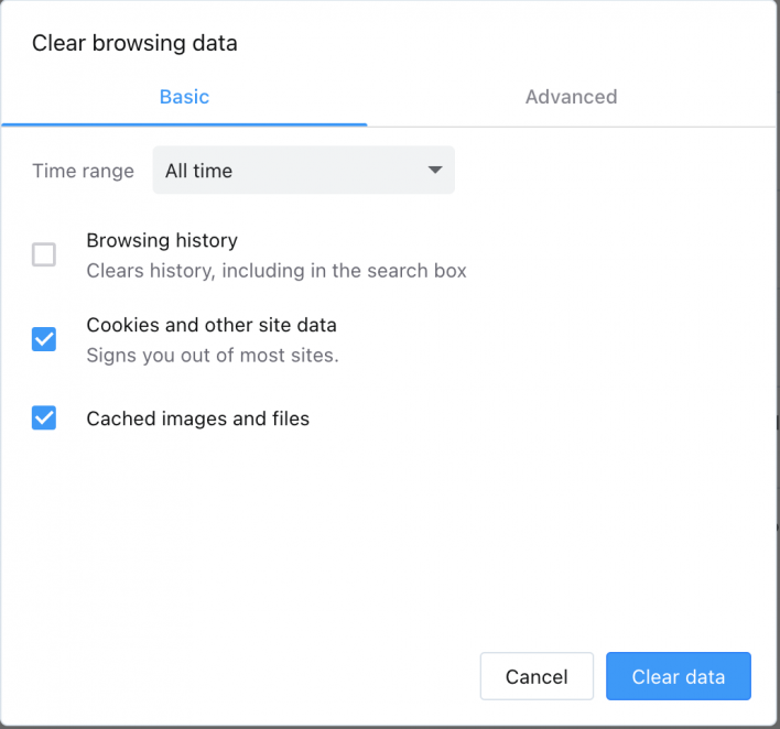 Options for Clearing browsing data on Opera