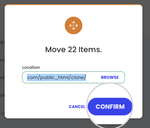 Confirm moving the files to the clone's folder 