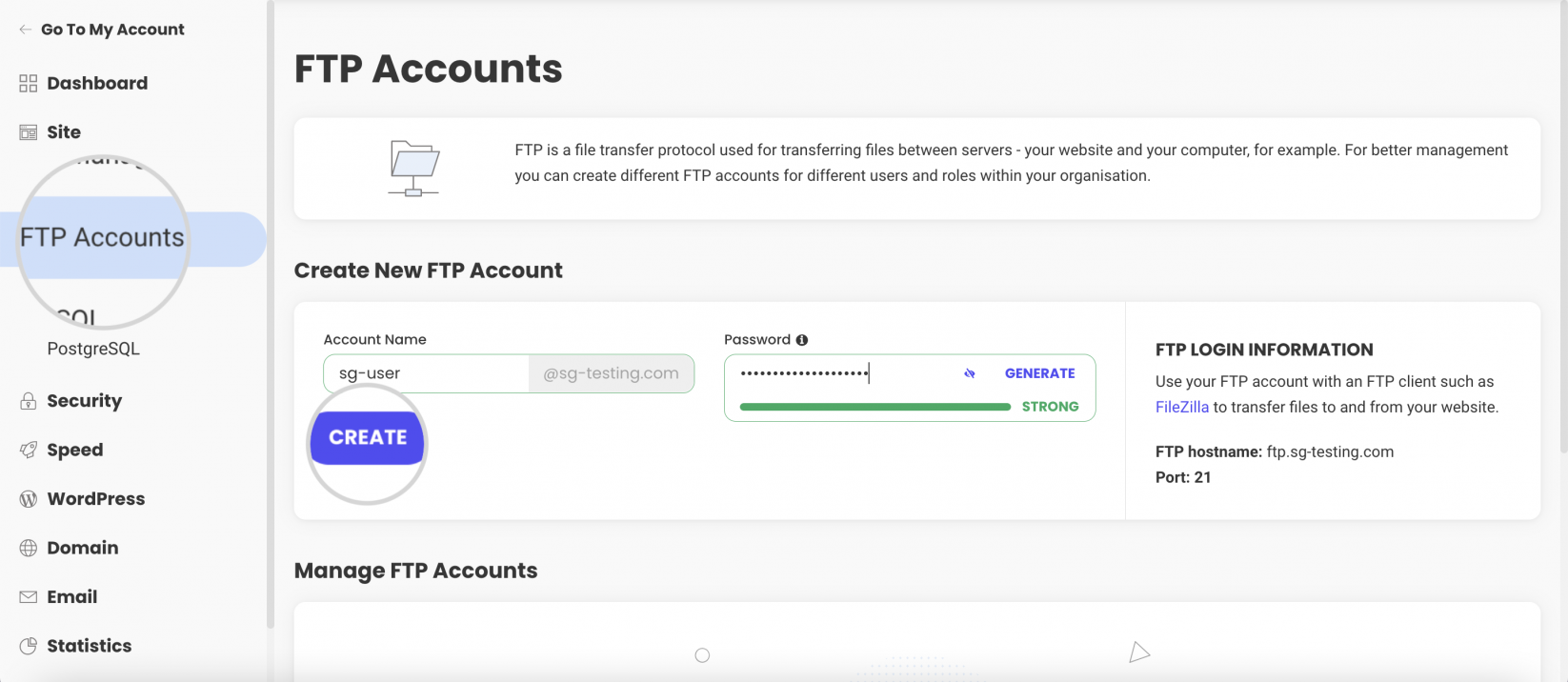 How to create new FTP accounts in Site Tools