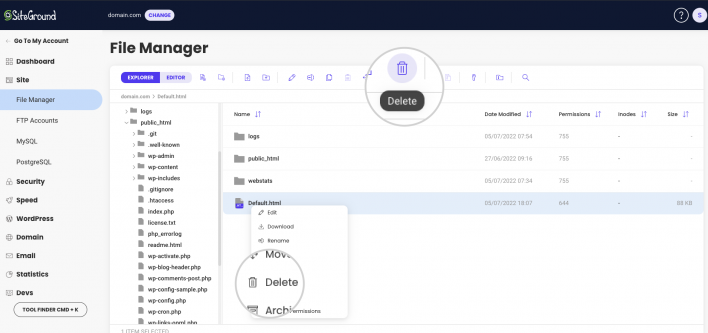 Delete files in File Manager