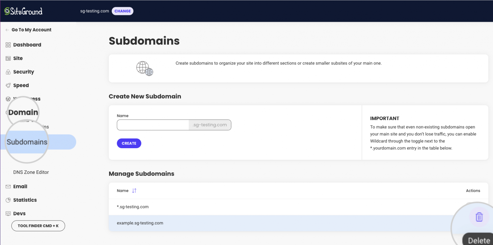 How to delete a subdomain