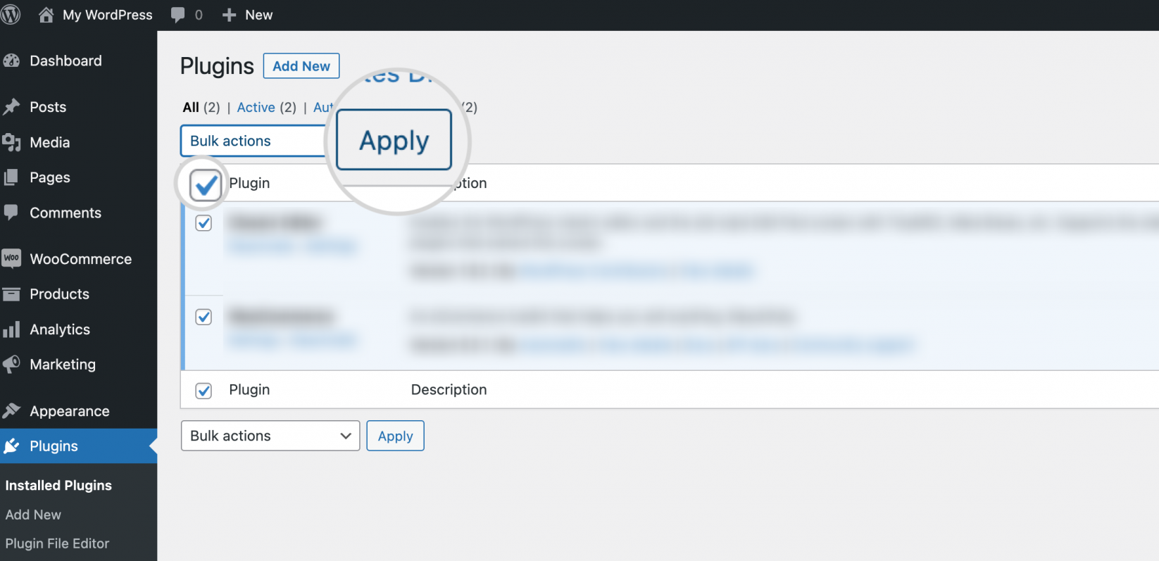 Disable the plugins from the WordPress dashboard - Select and deactivate all plugins