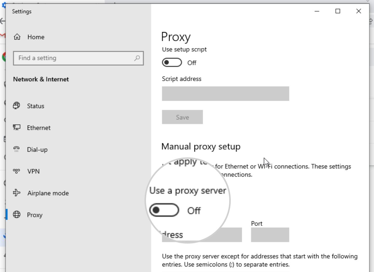 Disable the proxy server on Windows 10