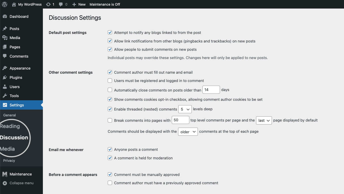 The Discussion settings in WordPress