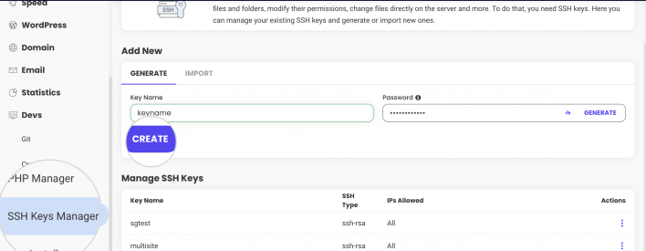 Generate SSH key pair from Site Tools