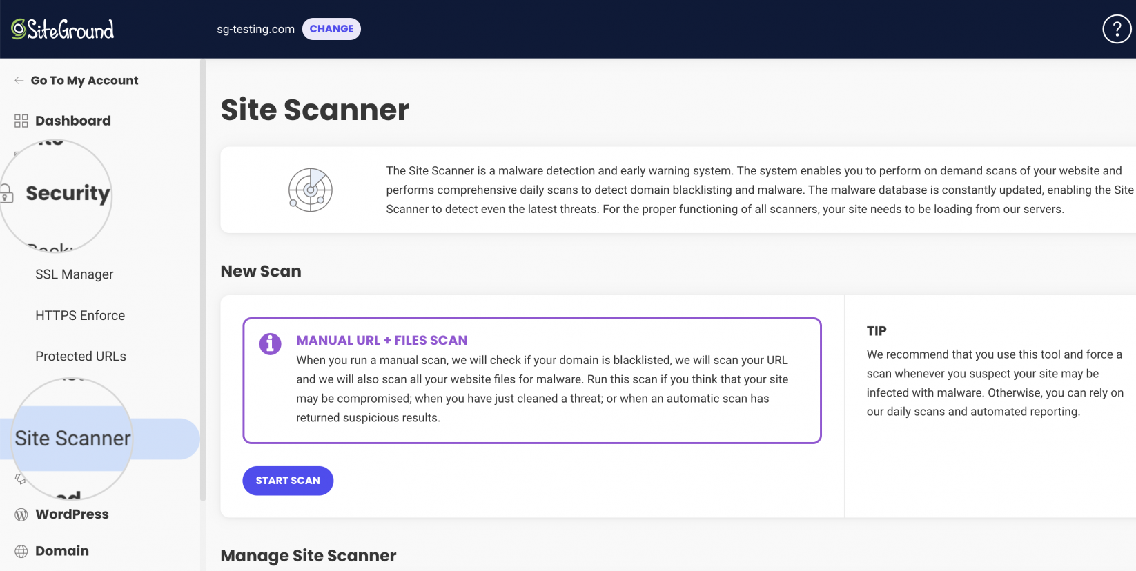 How can I manage the Site Scanner settings