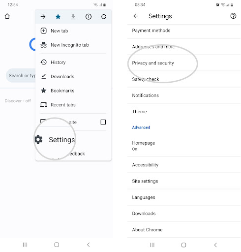 How to clear Chrome cache on Android - Settings and Privacy menu