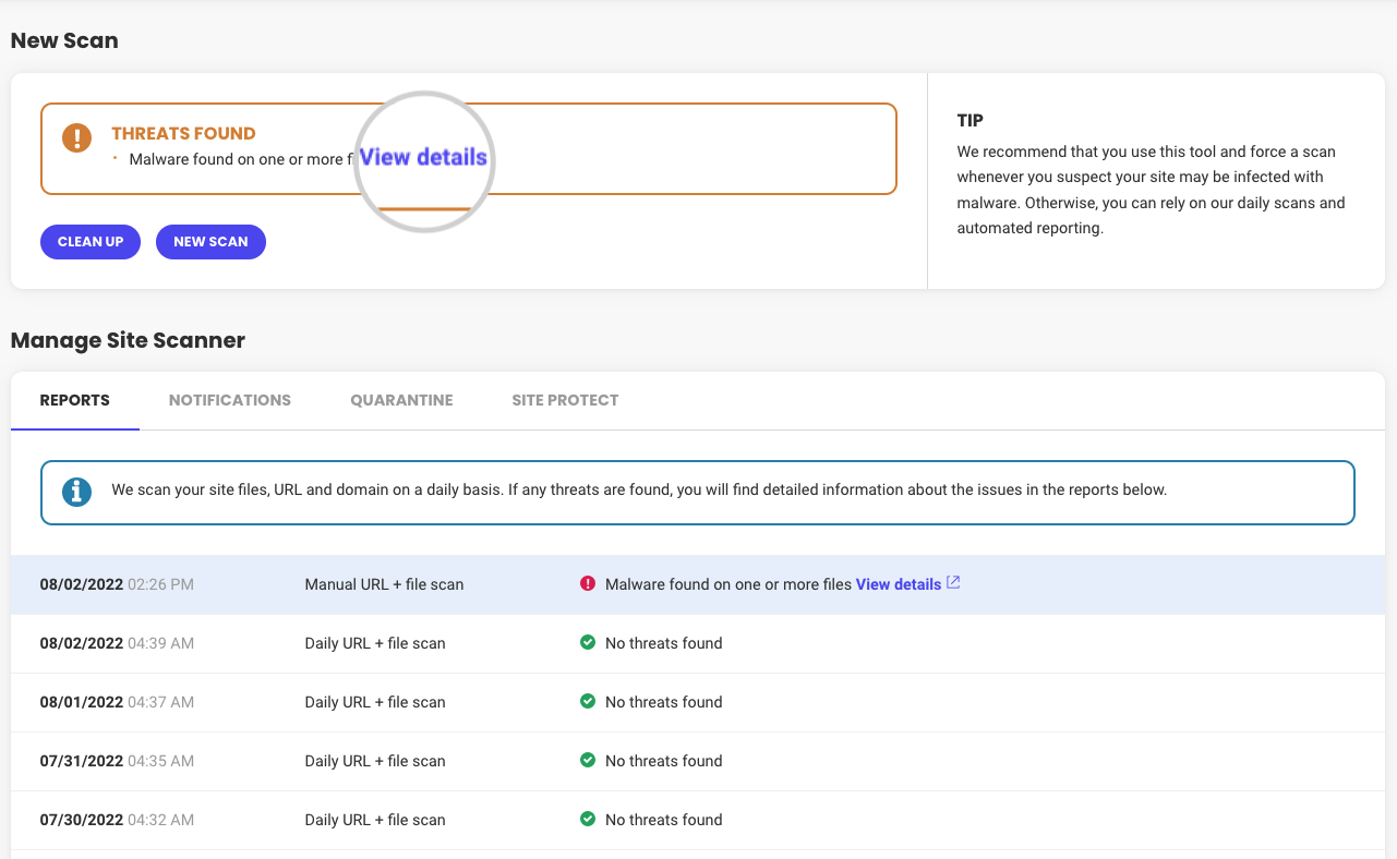 How to view details on a found threat