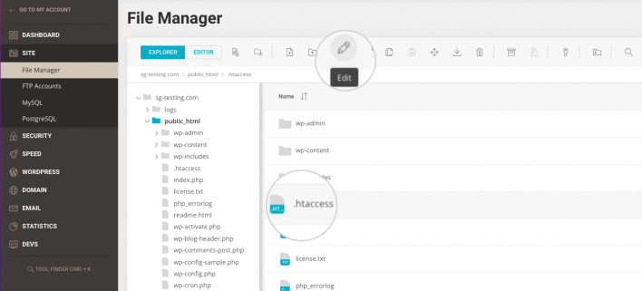 Inspect the .htaccess file- Edit .htaccess with File Manager