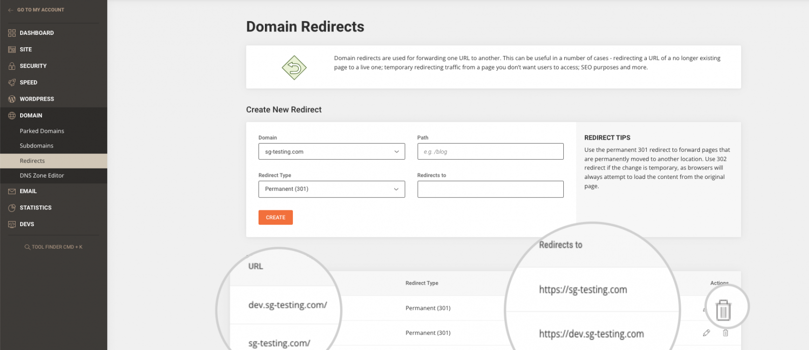 Inspect the redirects on the server's Redirects control panel