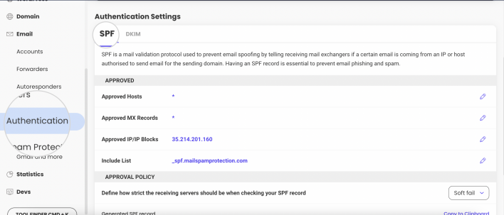 Manage your SPF record from Email Authentication section in Site Tools