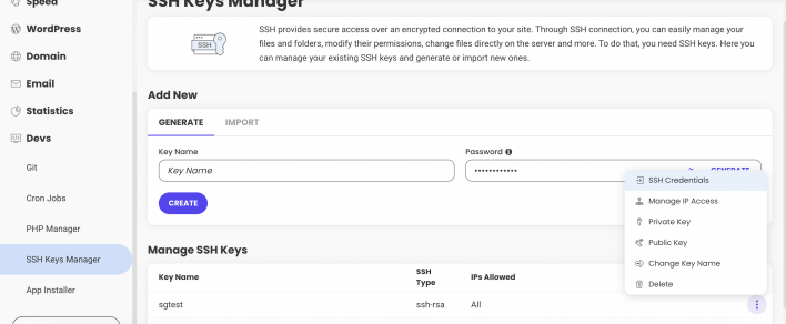 Manage SSH keys in Site Tools