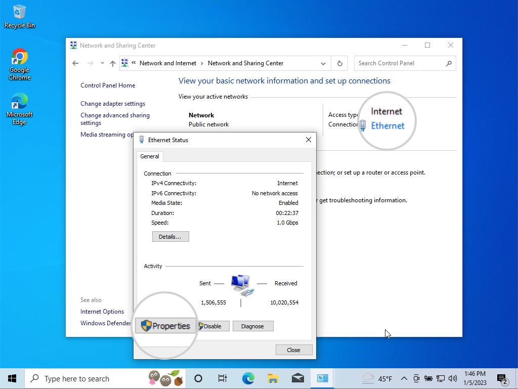 Open the network's Properties window in Windows