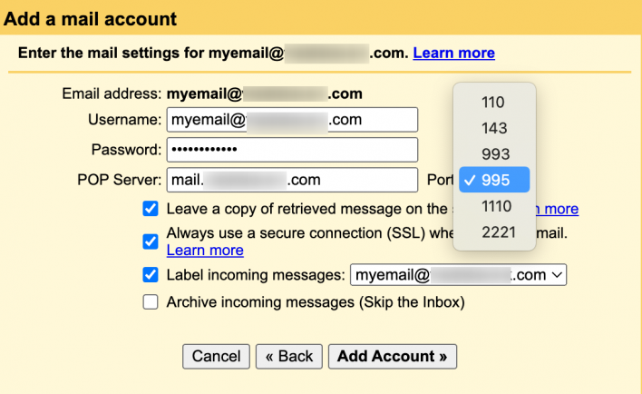 POP settings for Gmail