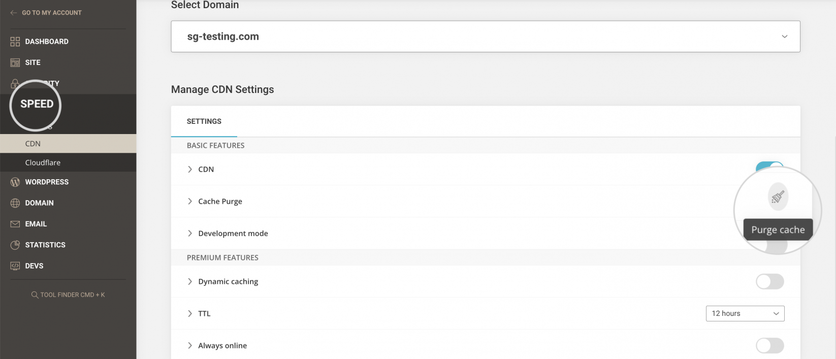 Purge cache from SiteGround CDN on Site Tools