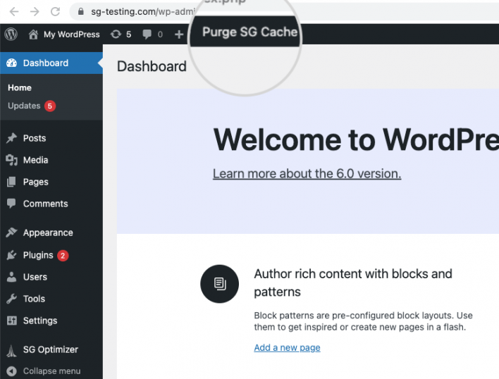 Purge SG Cache in the WordPress Dashboard