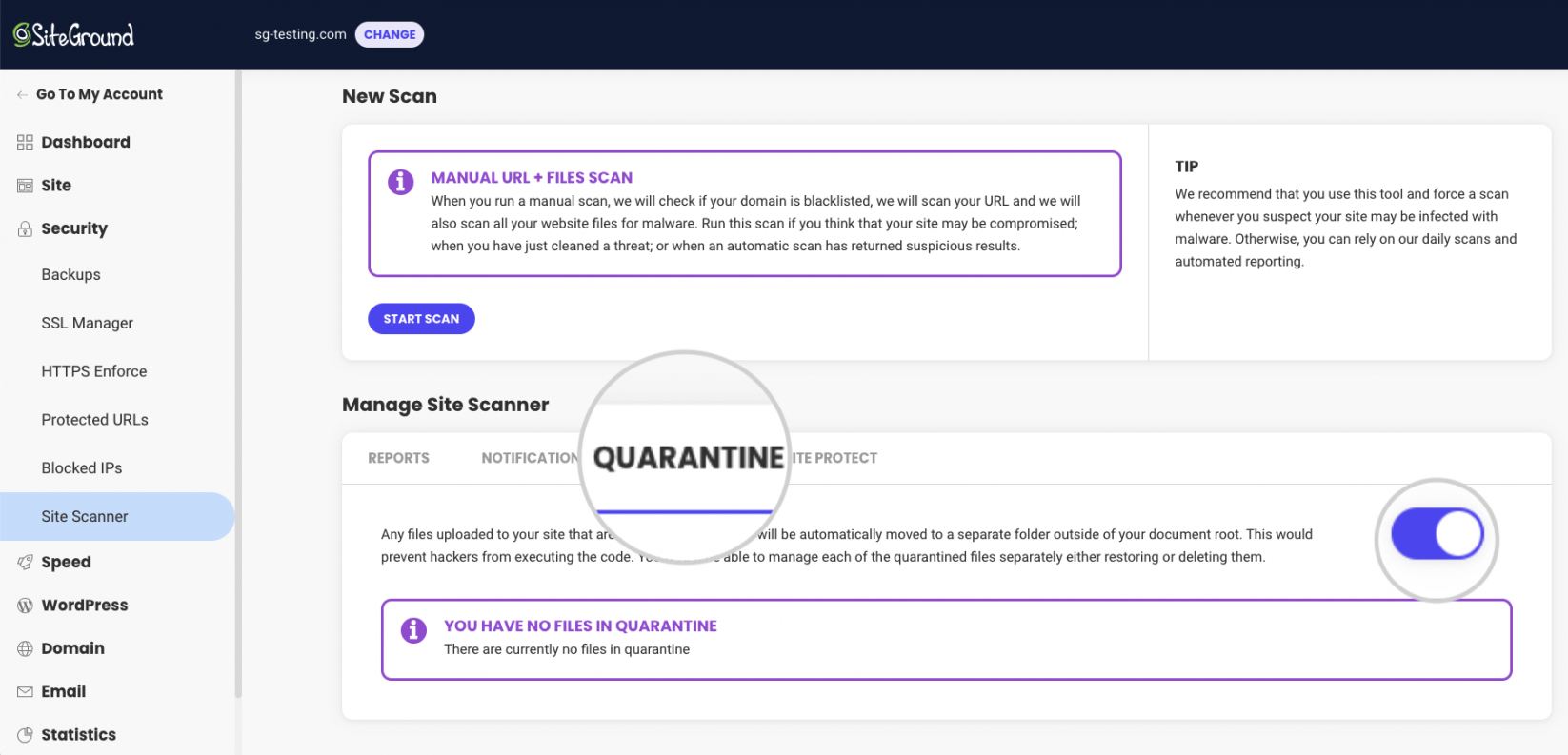 Quarantine options for Site Scanner