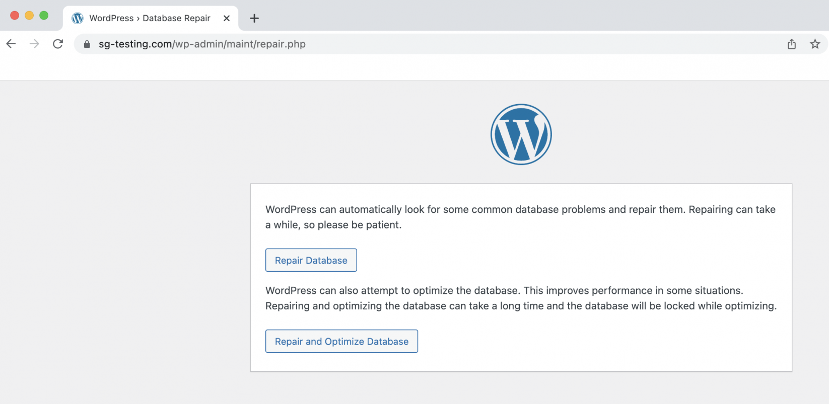 Repair the database from the WordPress Repair Mode