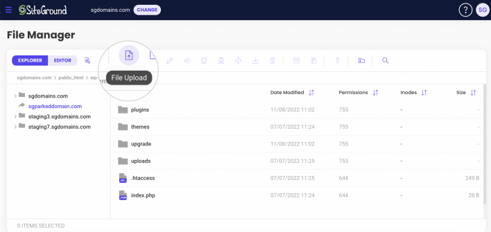 Upload files in the File Manager