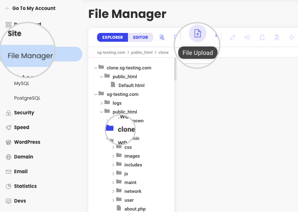 How to clone a WordPress site manually. Upload the files to the clone's folder